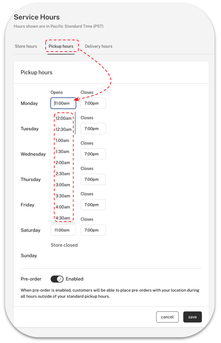 Can I set different business hours for Leafly pickup?